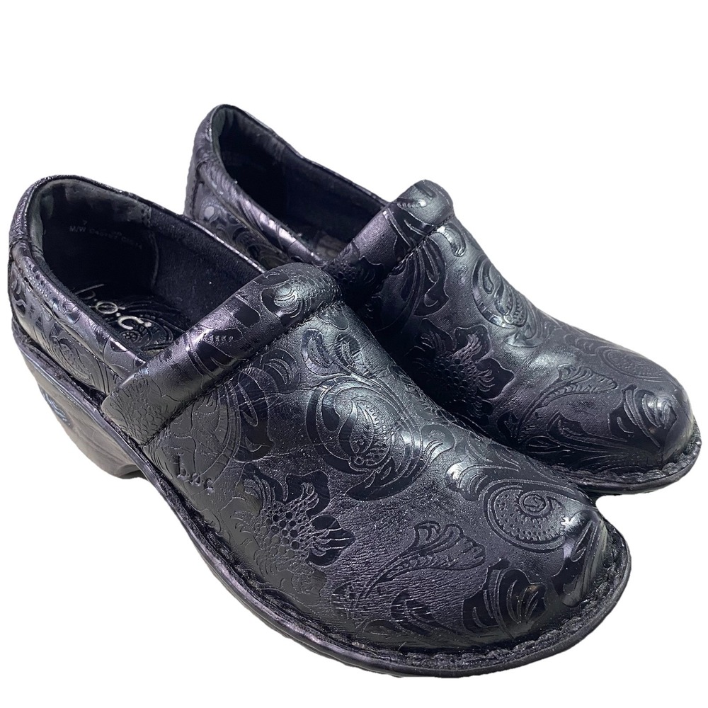 BOC Born Concepts Womens Nurse Shoes Peggy Clog Black Leather Tooled Casual Sz.7